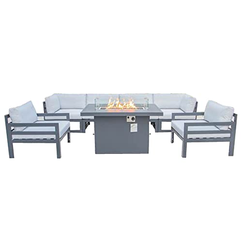 Leisuremod Chelsea 7-Piece Black Aluminum Frame Patio Armchair Sectional Conversation Set and Fire Pit Table with Cushions - Light Grey