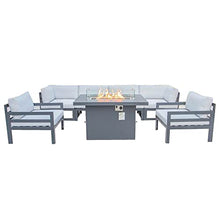 Leisuremod Chelsea 7-Piece Black Aluminum Frame Patio Armchair Sectional Conversation Set and Fire Pit Table with Cushions - Light Grey