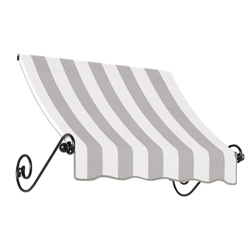Awntech 3' Charleston (40.5"-24"-24") Sloped Fixed Awning with Scrolled Iron Arms, Gray/White Stripe