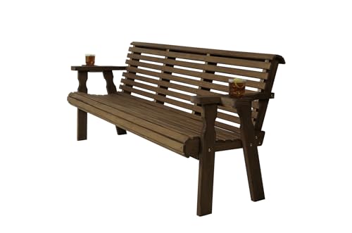 Amish Casual Heavy Duty 6 Foot Pressure Treated Outdoor Garden Bench in Oak Stain with Cup Holders - Amish Crafted Roll Back Design, 700 Lb Weight Capacity