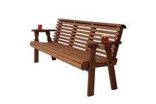 Amish Casual Heavy Duty 6 Foot Pressure Treated Outdoor Garden Bench in Oak Stain with Cup Holders - Amish Crafted Roll Back Design, 700 Lb Weight Capacity