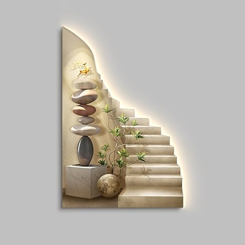 FILWY 3D Wall Art Decor with LED Light, Large Landscape Painting for Living Room, Bedroom, Corridor & Entrance, Vertical Design, 27.61x55.1in (Light Yellow 31.51x47.2in)