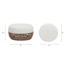 Willow 25" Round Upholstered Woven Patio Ottoman, Golden Brown Wicker Frame, Wheat Beige
