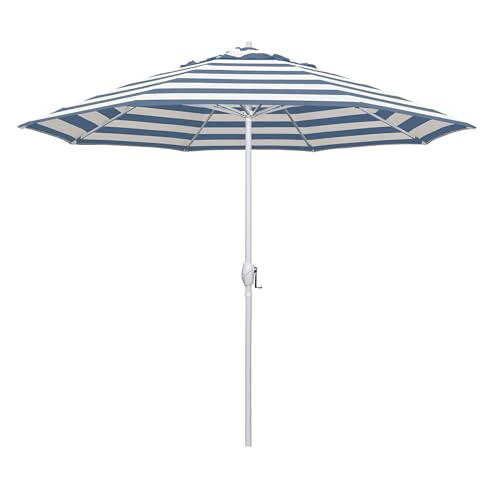 California Umbrella 12-Year Protection 9' Rd Aluminum Patio Umbrella, Crank Lift, Auto Tilt, White Finish, Sunbrella Cabana Regatta