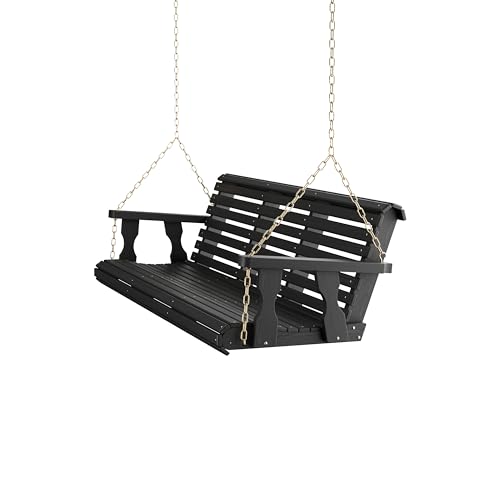 Amish Casual Heavy Duty 700 Lb Capacity Porch Swing (6 Foot, Semi-Solid Black Stain) – Wooden Outdoor Roll Back Swing with Hanging Chains – Amish Made in the USA