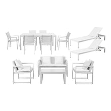 Pemberly Row 13-Piece Aluminum Frame Patio Sofa Set, White Finish, Includes Dining Table, 6 Stackable Chairs, 2 Loungers, 2 Sofa Chairs, 1 Sofa, Coffee Table, Outdoor Furniture for Patio or Garden Use