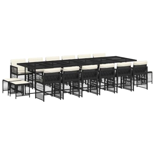 Coespram 17 Piece Garden Dining Set, Outdoor Patio Furniture for 16 People, Synthetic Poly Rattan and Powder-Coated Steel Frame, Rectangular Table, Black and Cream White