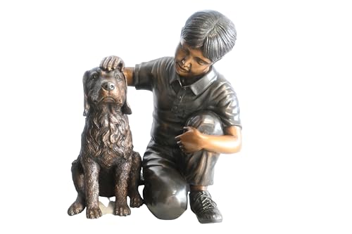 Nifao Boy with Dog, Emotional Bond Small Bronze Statue, 21"L x 18"W x 23"H