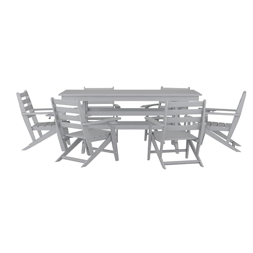 Flash Furniture Tolleson 7 PC Indoor-Outdoor Adirondack Dining Set, 72" Table & 6 Chairs with Cupholders, Gray