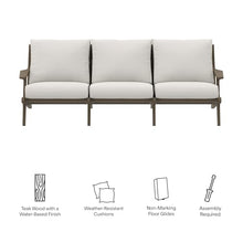 Modway Saratoga Teak Outdoor Patio Sofa in Weathered Gray White – 3 Seater Couch with Weather-Resistant Cushions – Wooden Outdoor Furniture Sofa