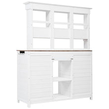 Farmhouse Potting Bench Table with Hutch, 65.7" Large Wooden Outdoor Patio Workstation with 3 Shelves, 6 Drawers, 2 Bottom Cabinets & Side Hooks for Deck, Balcony, Garden, Backyard, White