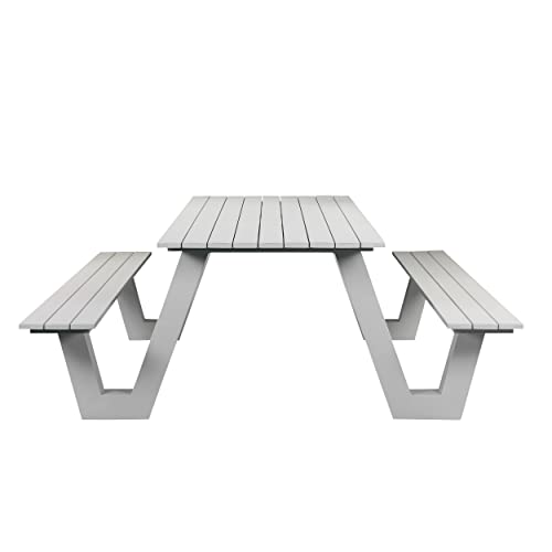 Benzara Limo 86 Inch Picnic Table, Crisp White Polyresin Slats, Aluminum Frame