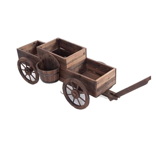 WOAITIANTIAN Flower Pots Creative Wood Rotatable Four-Wheeled Flower Pots Wagon Box Outdoor Patio Decorative Stand