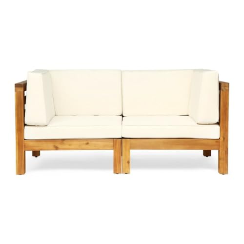 2 Pieces Patio Loveseat Set with Washable&removable Cushions for Poolside, Backyard, Lawn, Acacia Wood Outdoor Furniture Set with Slatted Armrests and Backrests for Garden, Living Room (Beige)
