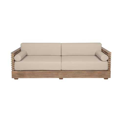 Armen Living Vivid Outdoor Patio Sofa in Light Eucalyptus Wood with Taupe Olefin Cushions