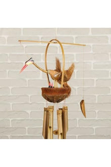 Wooden Stork Wind Chime with Chicks Handcrafted for Balcony Garden Door Decoration Peaceful Sound 43.3 x 12.6 inches Wood and - Brown