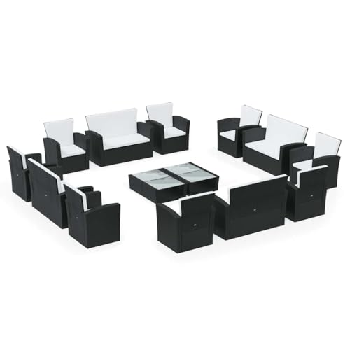 TEKGHUT Poly Rattan Patio Lounge Set with Cushions, 16 Piece Outdoor PE Rattan Seating Set with Glass Tabletop, Black