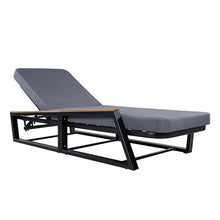 Merax 4-Piece Outdoor Patio Adjustable Chaise Lounge Set, Black Iron Frame with Teak Wood Armrests, Grey Waterproof Fabric Cushion, 500 lbs Capacity, Reclining Lounger for Poolside, Backyard
