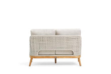 Winston August Loveseat Natural Teak Wood Driftwood Grid Weave Sunbrella Cast Ash