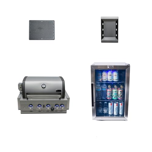 Mont Alpi Premium 32"W x 23"D x 21"H Stainless Steel 4-Burner Built-in BBQ Grill with Infrared Rear Burner + Rotisserie Kit + Outdoor Rated Glass Door Refrigerator + Charcoal Tray + Griddle Plate