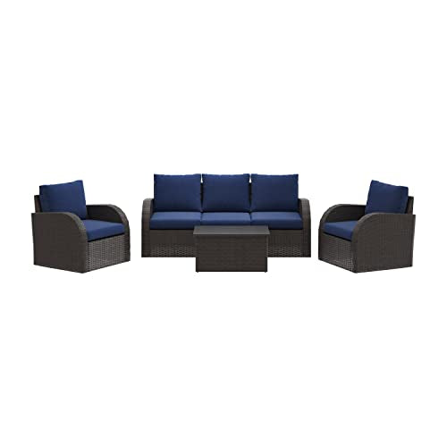 CorLiving Brisbane Wicker/Rattan 6-Piece Conversation Set with Blue Cushions