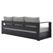 Pemberly Row Modern Outdoor Sofa, Powder-Coated Aluminum Frame with Gray Stain-Resistant Water-Resistant Fabric Cushions, 89" W x 31.5" D x 33" H, Dense Foam Padding, Weatherproof Patio or Poolside