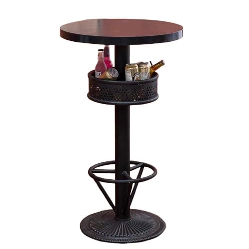 JOSOGO Retro Industrial 3-Piece Bar Table and Stools Set, Round Pub Table with Storage Basket + 2 Swivel Wood Bar Stools, Vintage Bistro Table Set for Home Bar, Kitchen, Patio, Cafe(Table)