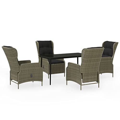 KUPTYERFG 5 Piece Garden Dining Set, Brown PE Rattan Patio Furniture Set with Rectangular Glass Top Table and Adjustable Reclining Chairs with Cushions for Backyard and Terrace
