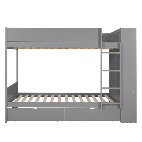 Acosure Full Over Full Bunk Bed with Storage Drawers and Cabinet Grey