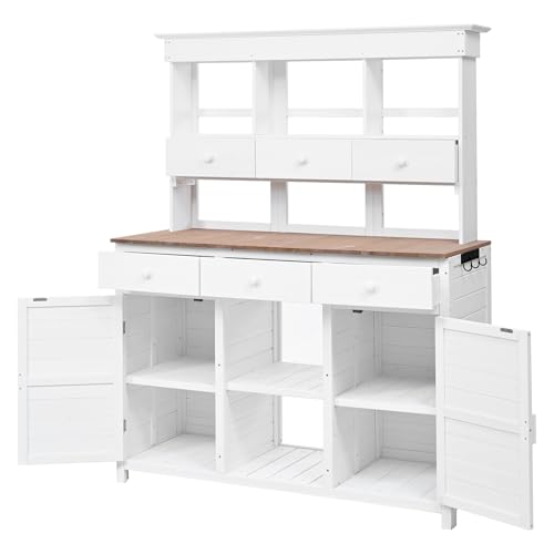 65.7" Tall Garden Potting Bench Table with Hutch, Outdoor Patio Storage Workstation, Featuring 3 Shelves, 6 Drawers, 2 Bottom Cabinets & Side Hooks - Ideal for Mudroom, Doorway (White, 65.7'' H)