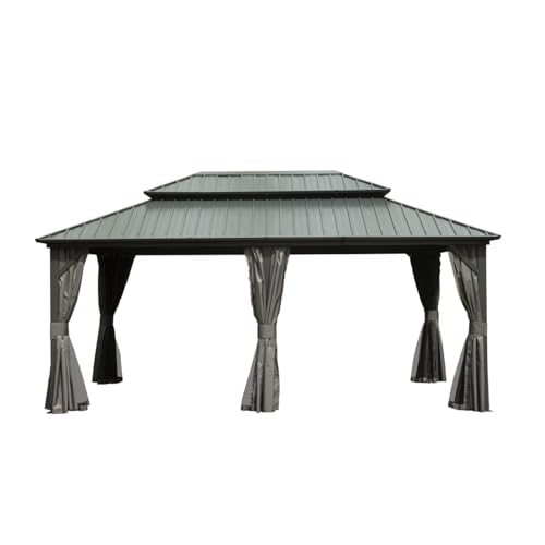 Permanent Hardtop Grill Gazebo, Metal Shelter with Galvanized Steel Double Roof, BBQ Canopy with Curtains and Netting for Party, Wedding, Outdoor Dining, Patio, Backyard (12'X18' (Gray))