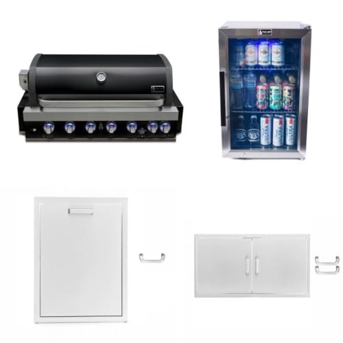 Mont Alpi Black Stainless Steel Outdoor Kitchen 44"W 6-Burner Built-in BBQ Grill with 2.7 Cu Ft Glass Door Refrigerator + Double Trash & Recycling Bin Drawer + 40"W x 21"H Magnetic Double Access Doors