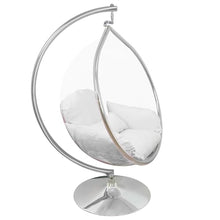 SK CHUMRA Hanging Chair - Transparent Acrylic Bubble, Waterdrop Shape, Indoor Swing Chair with Gold/Chrome Stand, Durable Fabric Cushion - Luxury Accent for Living Room, Bedroom (Chrome/White)
