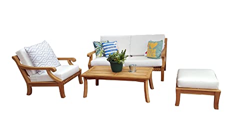 WholesaleTeak Giva 4 Pc Sofa Set: Sofa, Lounge Chair, Ottoman & Coffee Table with Cushions in Sunbrella Fabric #57003 Canvas White #12GV4