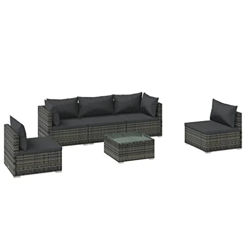 Heofavd 6-Piece Grey PE Rattan Garden Lounge Set Modular Outdoor Sectional Furniture 24.8x23.6x11.8 in Weather-Resistant Cushions for Patio Balcony Backyard