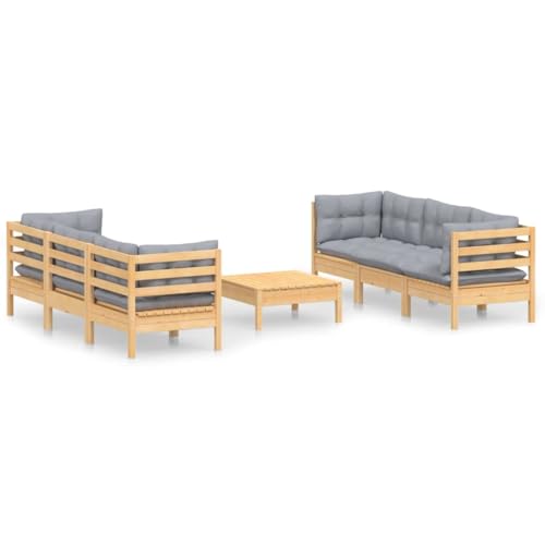 Heofavd 7 Piece Modular Garden Lounge Set Grey Solid Pinewood Patio Furniture Set with Polyester Cushions Modern Outdoor Conversation Set for Garden Balcony and Backyard