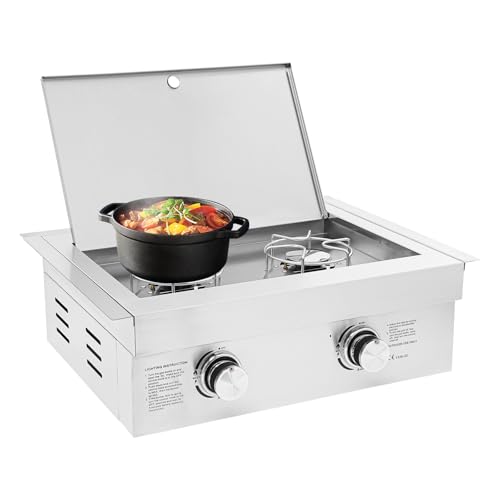 2 Burner Natural Gas Drop-in Cooktop, Outdoor Built-in Stove for Patio Kitchen Villa, 304 Stainless Steel Gas Stove with Cover, 70K BTU (3.5KW x2), Easy Clean & Mounting Brackets Included