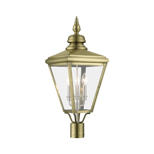 Livex Lighting 27375-01 Adams - 3 Light Large Outdoor Post Top Lantern in Traditional Style-26.75 Inches Tall and 10.63 Inches Wide, Finish Color: Antique Brass/Brushed Nickel