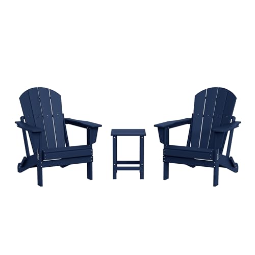 WestinTrends Malibu 3-Pieces Adirondack Chairs Set with Side Table, All Weather Outdoor Seating Plastic Patio Lawn Chair Folding for Outside Porch Deck Backyard, Navy Blue