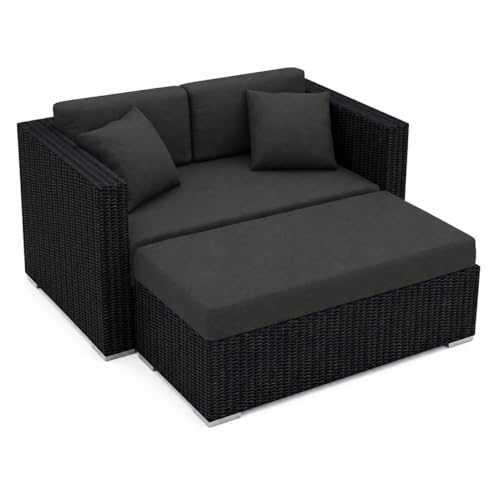 Golden Flame Outdoor Day Lounger with Matching Ottoman, All-Weather HDPE Wicker Patio Chaise Lounge with Plush Cushions, Powder-Coated Aluminum Frame, Deep Outdoor Seating - Canvas Charcoal
