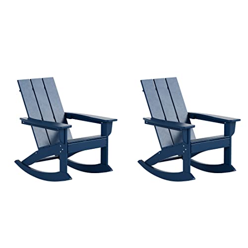 WestinTrends Ashore Patio Rocking Chairs Set of 2, All Weather Poly Lumber Plank Adirondack Rocker Chair, Modern Farmhouse Outdoor Rocking Chairs for Porch Garden Backyard and Indoor, Navy Blue