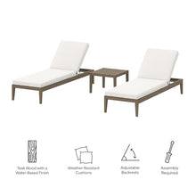 Modway Northlake Teak Outdoor Patio Set of 2 Chaise Lounges and Side Table in Weathered Gray White – 3-Piece Poolside Furniture Set with Adjustable Backrest and Weather-Resistant Cushions