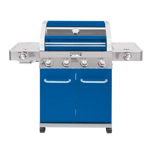 Monument Grills Larger 4+2 Burner Propane Gas Grills Stainless Steel Cabinet Style with Clearview® Lid, Knob Controls, Built-In Thermometer, Infrared Side Sear Burners & Side Burners, Blue