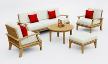 WholesaleTeakFurniture Somer 5 Piece Teak Wood Sofa Set: Sofa, 2 Lounge Chairs, Ottoman & Round Coffee Table with Cushions in Outdoor Sunbrella Fabric #5404 Canvas Natural