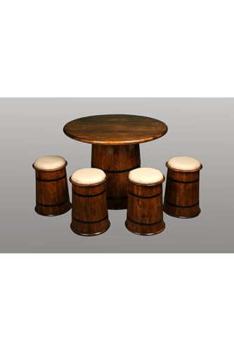 SODEF Barrels Bistro Set Beech Wood Walnut Finish 4 Chairs & Barrel Table Country Style Balcony Furniture - Walnut