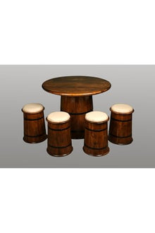 SODEF Barrels Bistro Set Beech Wood Walnut Finish 4 Chairs & Barrel Table Country Style Balcony Furniture - Walnut