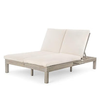 Praxatek Patio Double Chaise Lounge with 5-Position Adjustable Backrest, Acacia Wood Frame, 4-Inch Cushions, Seats 2, Gray (Gray)