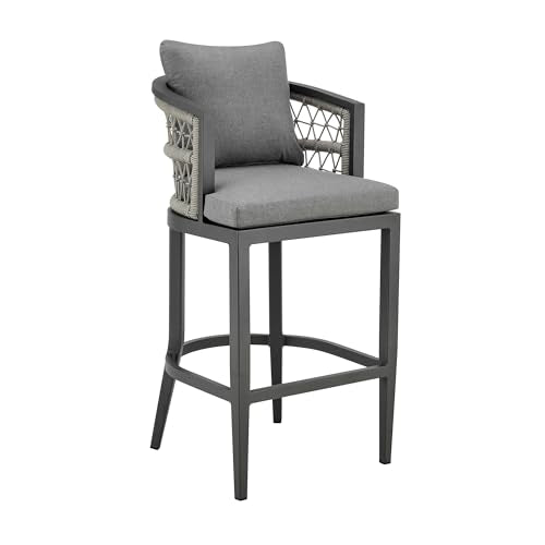 Armen Living Zella Outdoor Patio Counter Stool in Aluminum with Light Gray Rope and Earl Gray Cushions