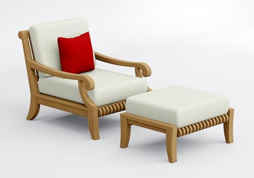 WholesaleTeak Teak Wood 2 Pc Lounge Chair Set: Lounge Chair & Ottoman with Cushions in Outdoor Fabric #5404 Canvas Natural