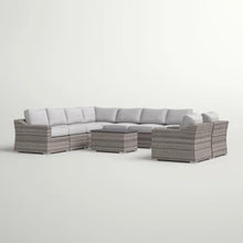 Homyee 10-piece Conversation Set with Grey Cushions for Backyard, Lawn, Outdoor Wicker Furniture Set with Sturdy Aluminum Frame and Slatted Square Coffee Table for Poolside